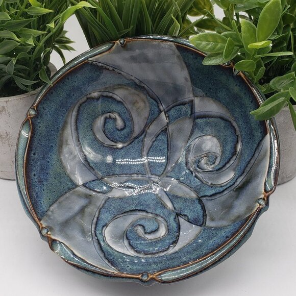 Blue Grey Scroll Decorative Art Pottery Bowl AS IS - Picture 2 of 9